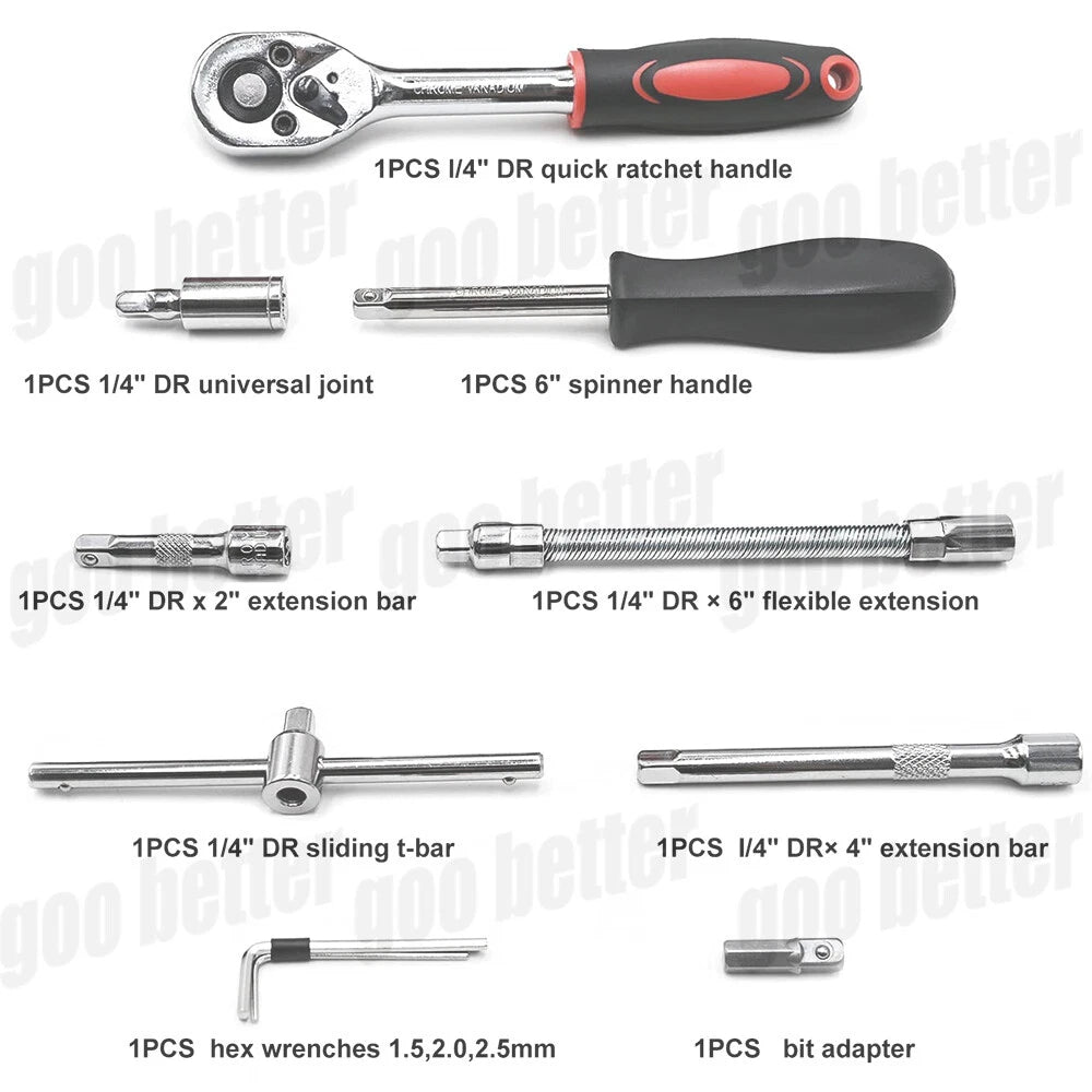 46PCS 1/4" Drive Spanner Socket Ratchet Wrench Set Car Repair Tool Kit with Case