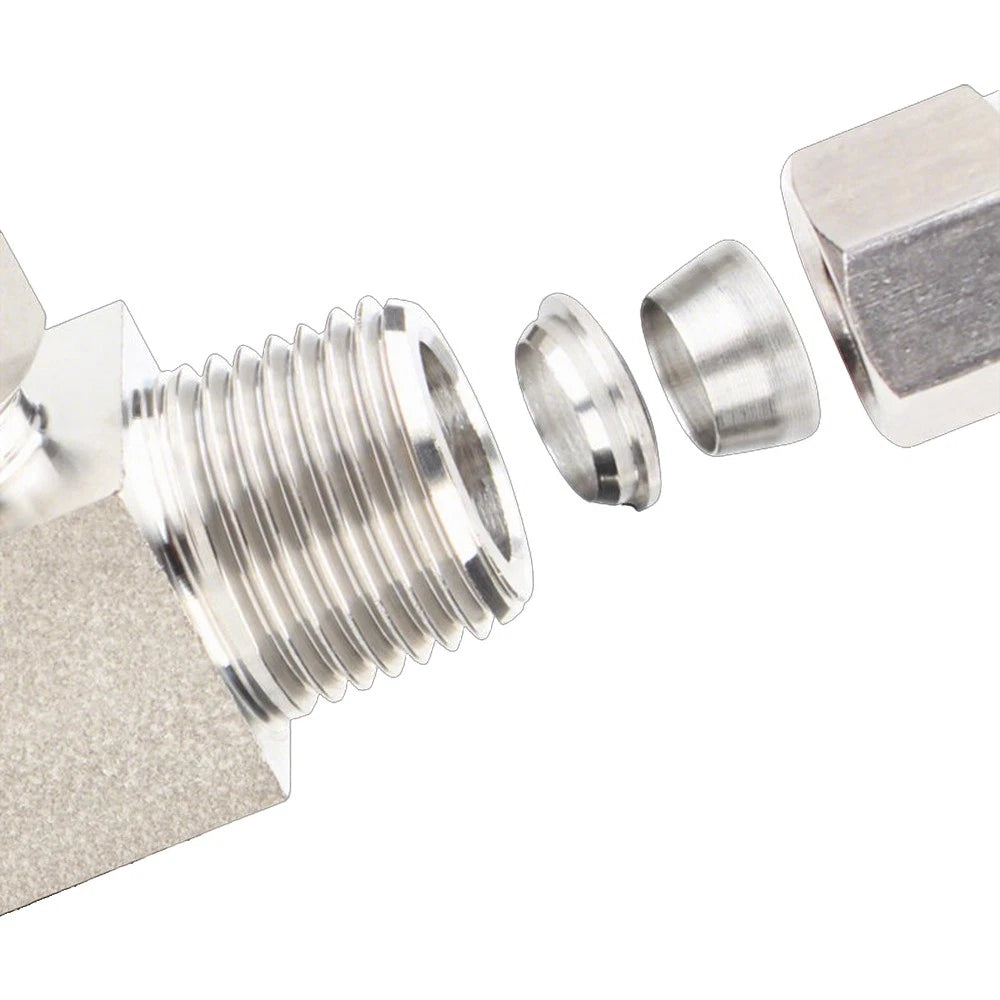 304 Stainless Steel Compression Fitting – 90° Elbow Male Connector, BSPT 1/8" to 1/2", Tube OD 6–20mm
