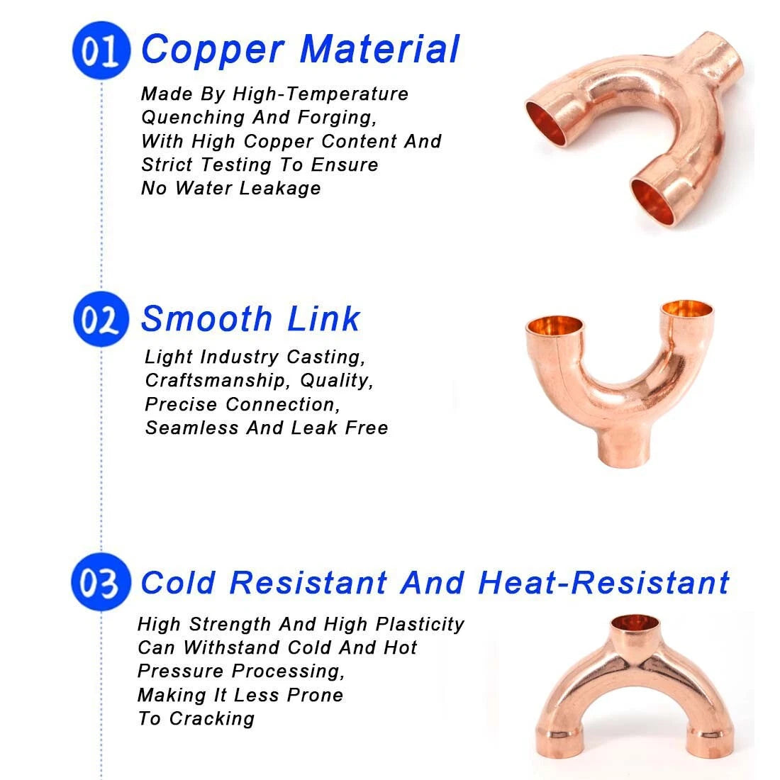 Copper Y-Type 3-Way Pipe Fitting Connector — End Feed, ID 8mm to 42mm
