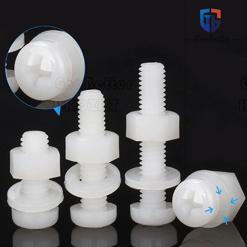 Nylon Phillips Pan Head Machine Screws + Washer + Hex Nut Set – M2 to M8, Corrosion‑Free & Non‑Conductive