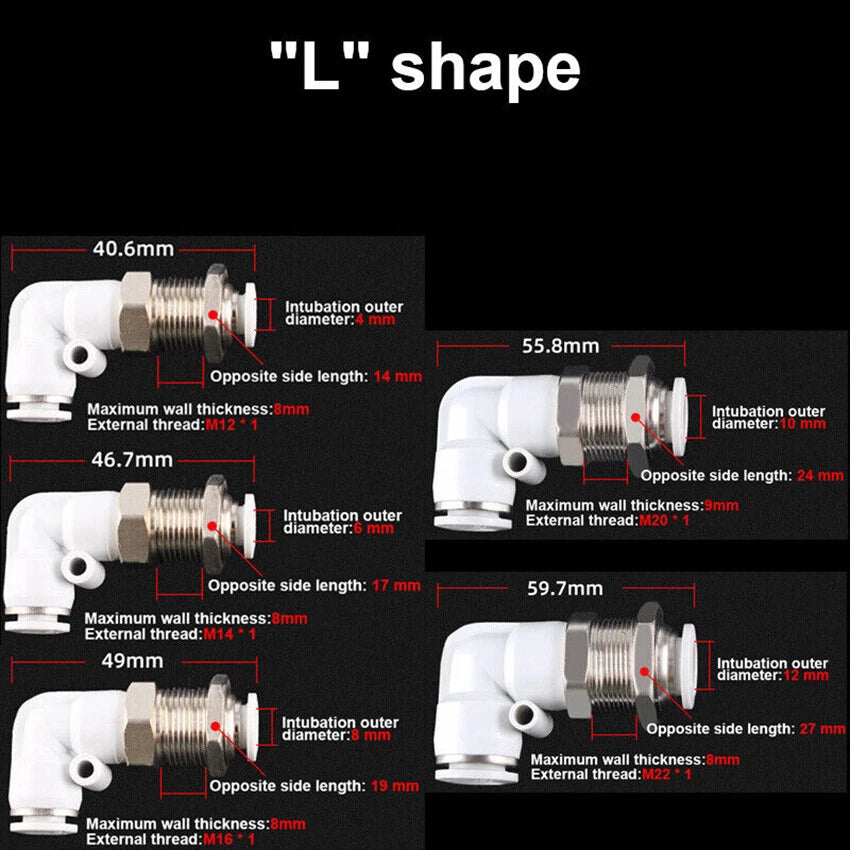 Pneumatic Push Fit Connector — L Shape & Bulkhead Fittings, 4mm–16mm