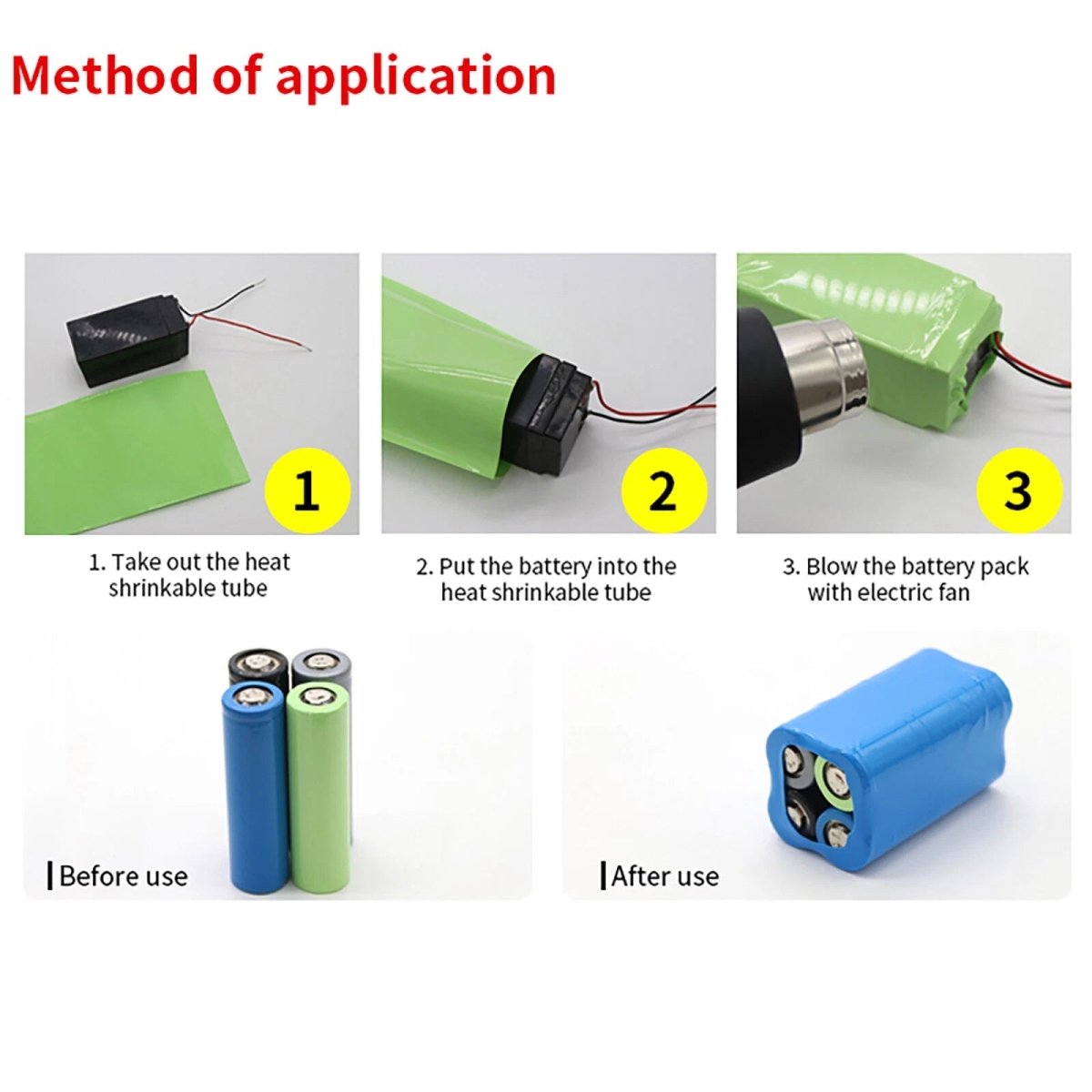 PVC Heat Shrink Tubing for Battery Packs — 7mm to 625mm Wide, Red/Yellow/Blue/Grey - HomeDIYer