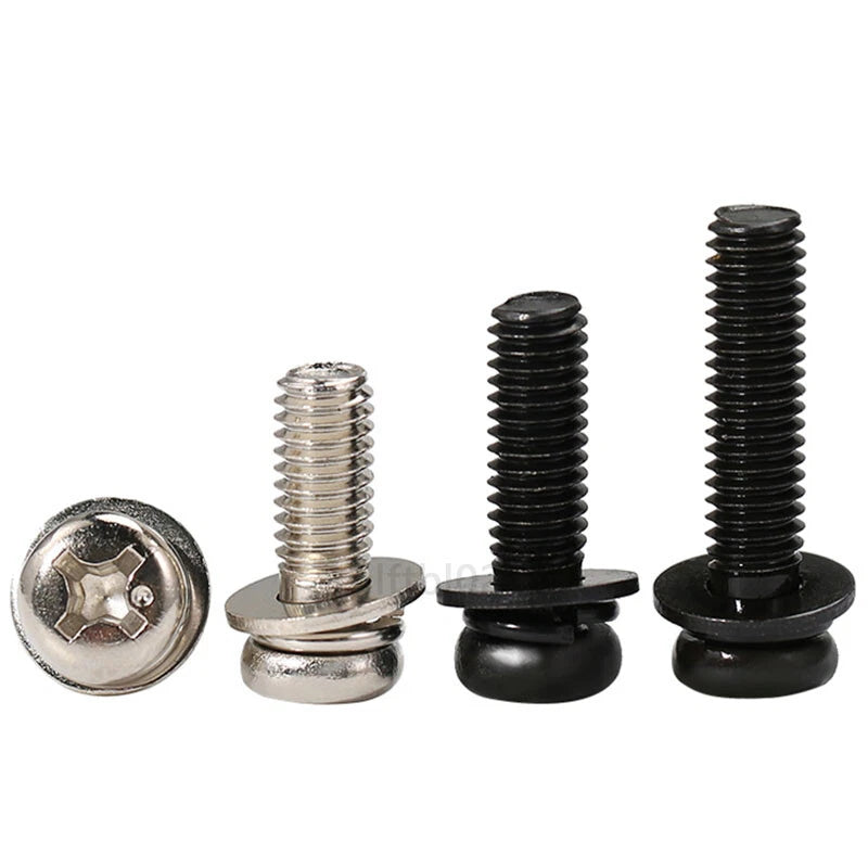 Black Zinc Phillips Pan Head Screws with Spring & Flat Washers – M2 to M8, Fully Threaded