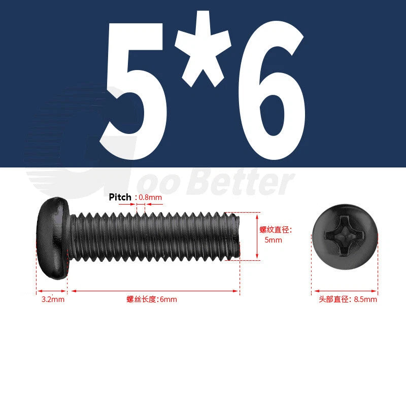 M2 M2.5 M3 M4 M5 Black Zinc Phillips Pan Head Machine Screws – Carbon Steel, 3–20mm