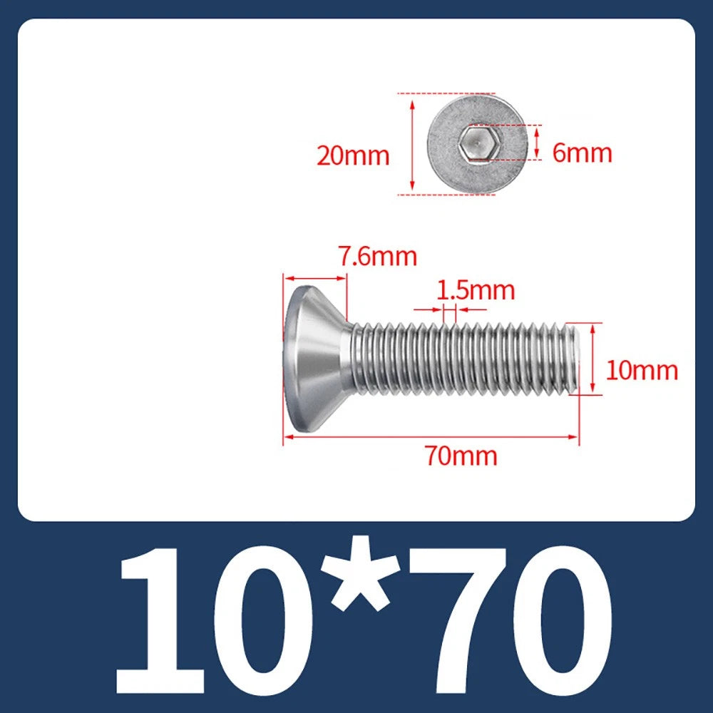 M8 M10 Countersunk Socket Head Screws – 304 Stainless Steel A2, Fully Threaded, 10–150mm