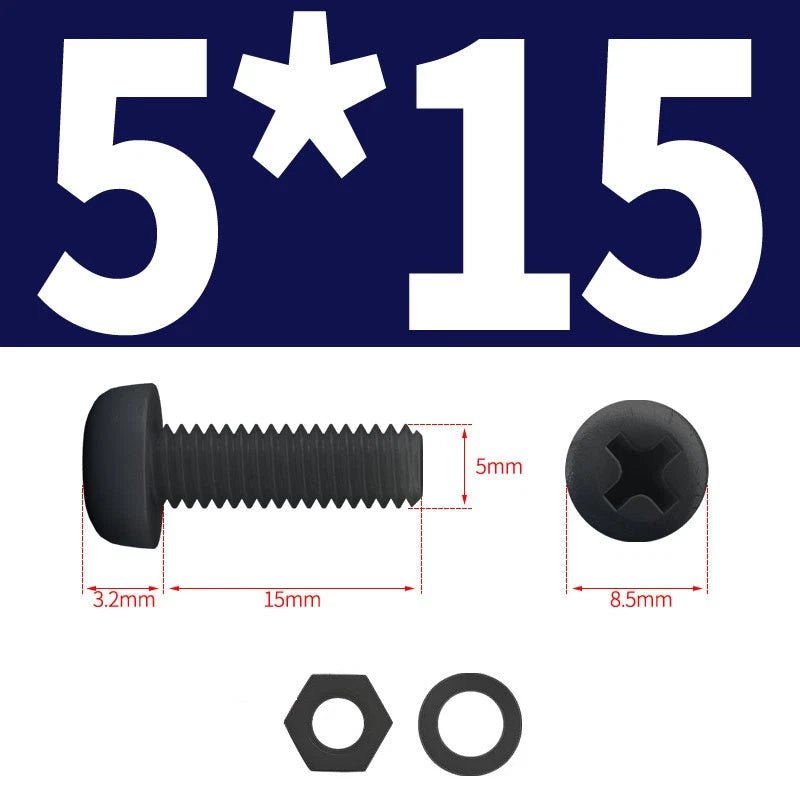 Black Nylon Phillips Machine Screws with Nuts & Washers — Metric M2 to M8 - HomeDIYer
