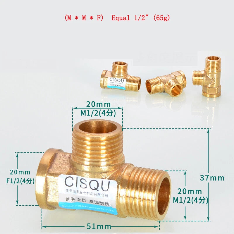 Brass Tee Pipe Fittings – NPT Thread, 1/8" to 2", M/F Configurations