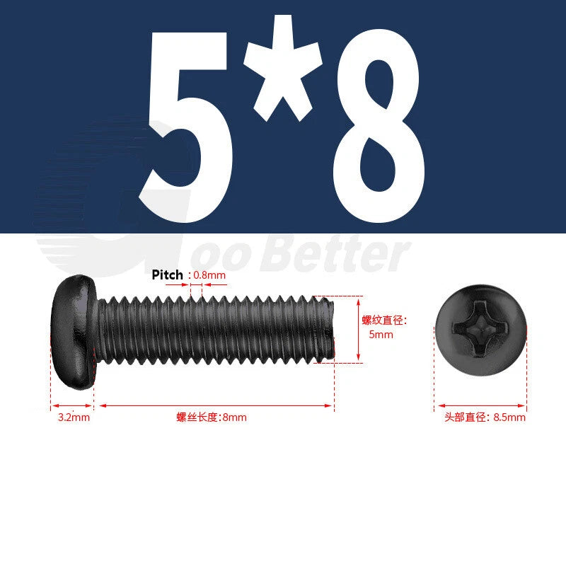 M2 M2.5 M3 M4 M5 Black Zinc Phillips Pan Head Machine Screws – Carbon Steel, 3–20mm