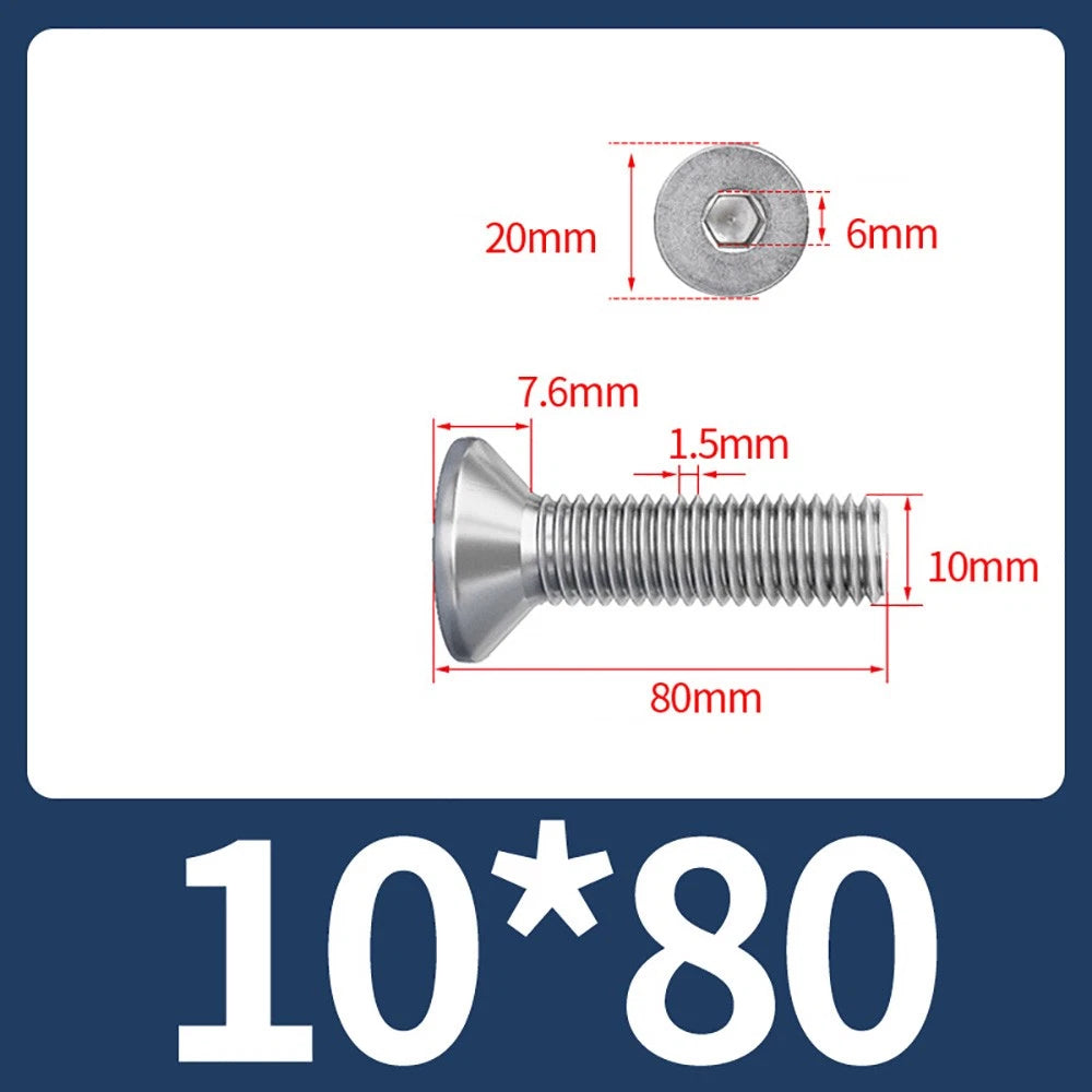 M8 M10 Countersunk Socket Head Screws – 304 Stainless Steel A2, Fully Threaded, 10–150mm