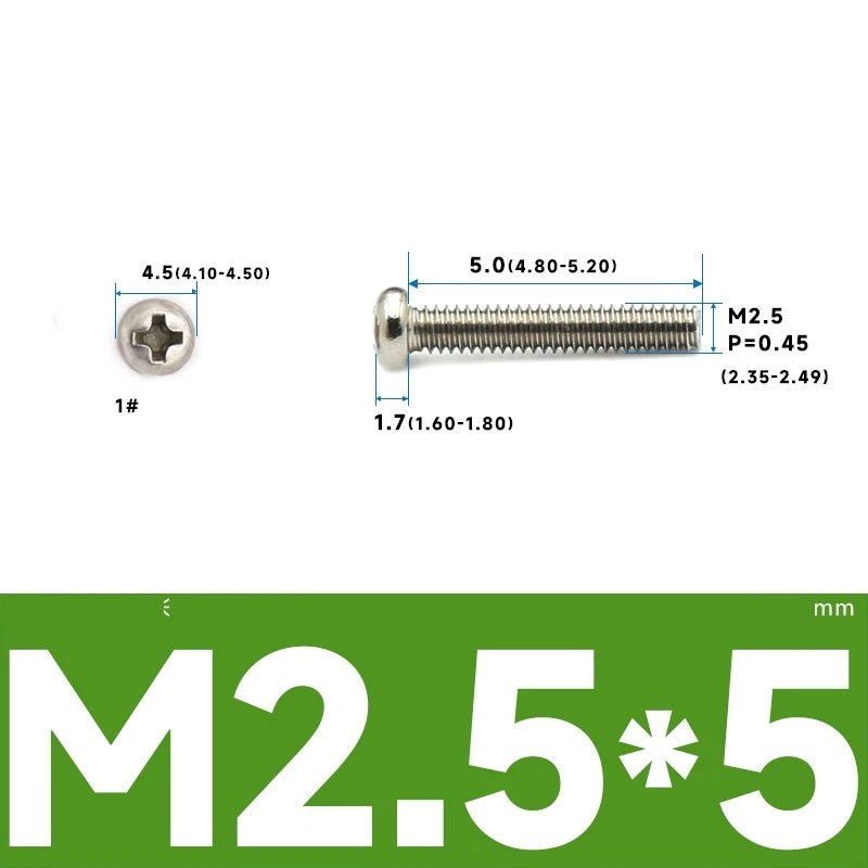 M1–M2.5 Pan Head Phillips Machine Screws – A2 Stainless Steel (304), Fully Threaded - HomeDIYer