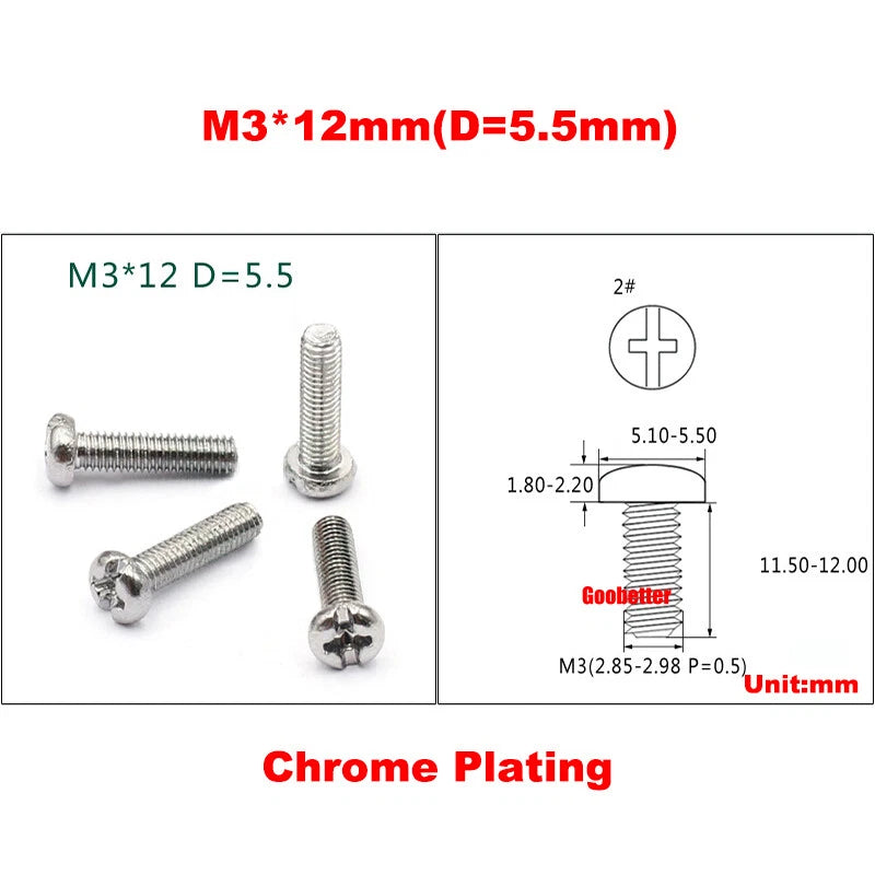M3 Phillips Pan Head Machine Screws – 3mm to 43mm, Multiple Coatings (100–500 PCS)