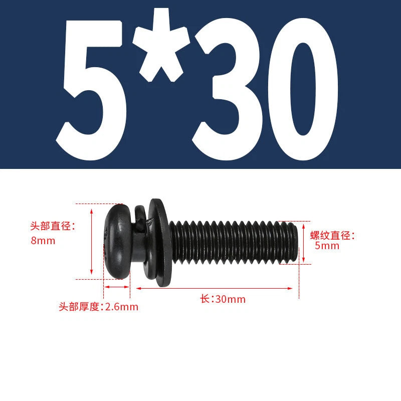 Black Zinc Pan Head Machine Screws with Washers, M2–M6 Pozi Phillips Drive