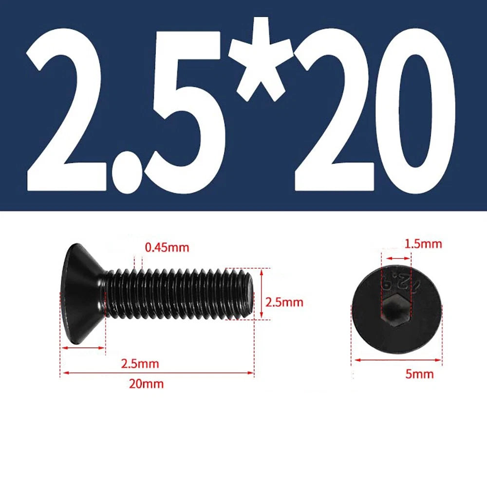 M1.6–M3 Countersunk Socket Head Screws – 12.9 Grade Carbon Steel, Flat Head, Fully Threaded (3–50mm Overall Length)