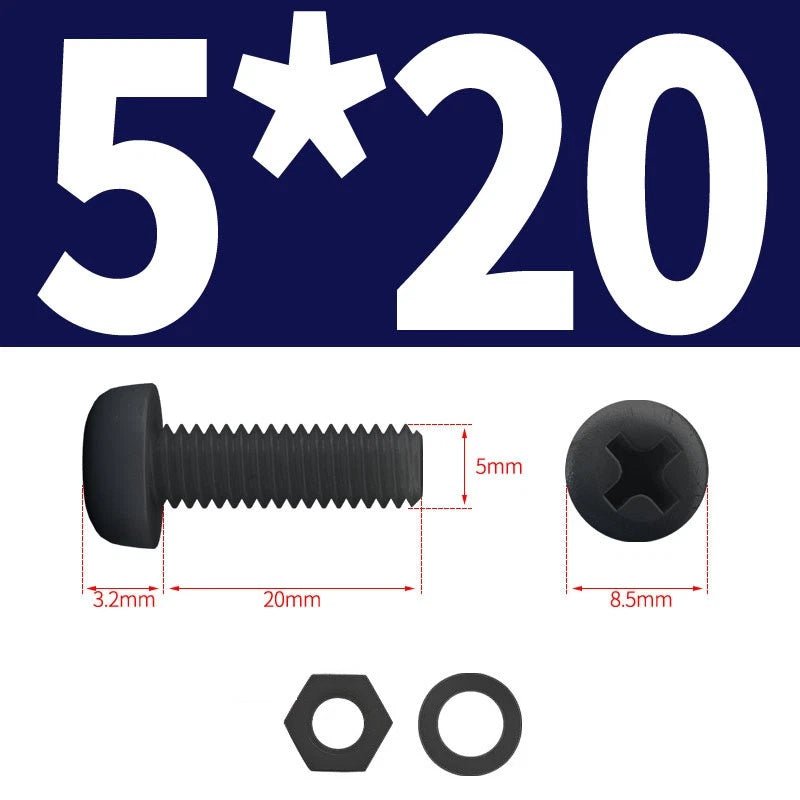 Black Nylon Phillips Machine Screws with Nuts & Washers — Metric M2 to M8 - HomeDIYer