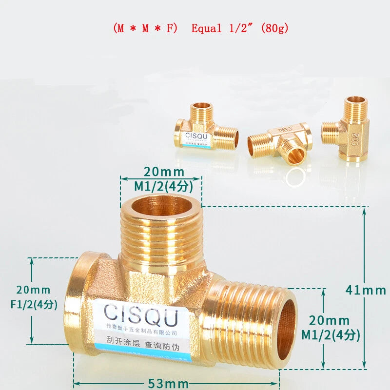 Brass Tee Pipe Fittings – NPT Thread, 1/8" to 2", M/F Configurations