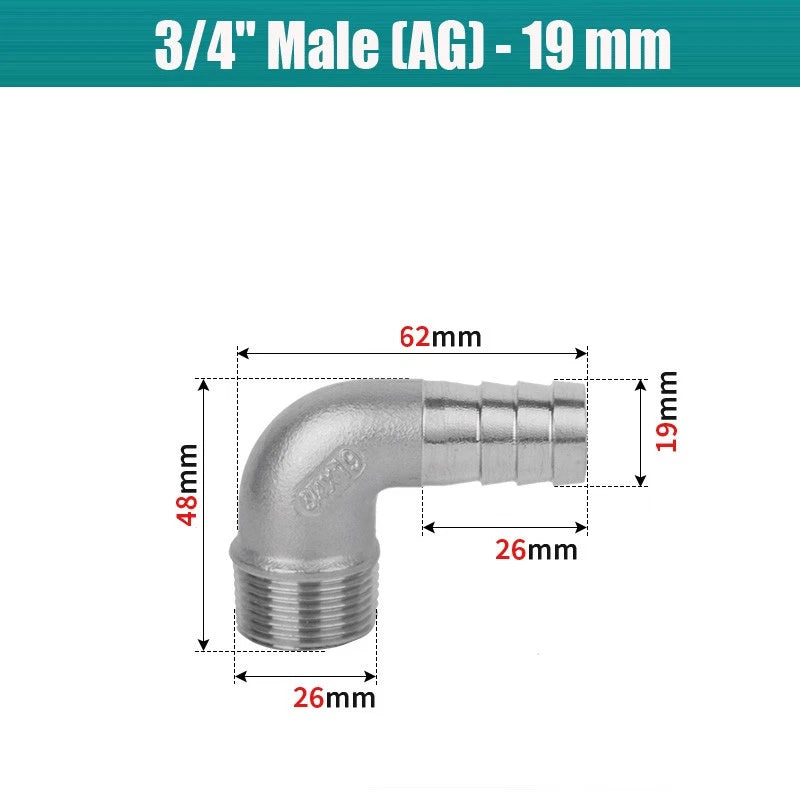 BSP Male Elbow Barbed Hose Connector — Stainless Steel, 1/8" to 1/2", 6–16mm