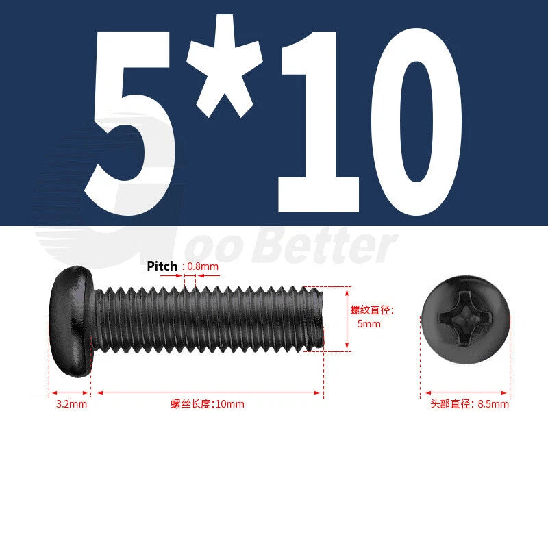 M2 M2.5 M3 M4 M5 Black Zinc Phillips Pan Head Machine Screws – Carbon Steel, 3–20mm