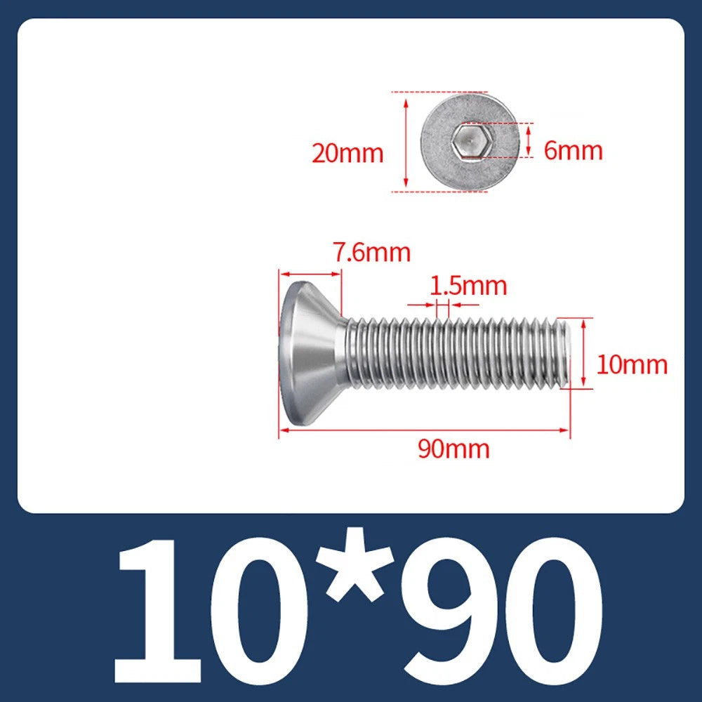M8 M10 Countersunk Socket Head Screws – 304 Stainless Steel A2, Fully Threaded, 10–150mm