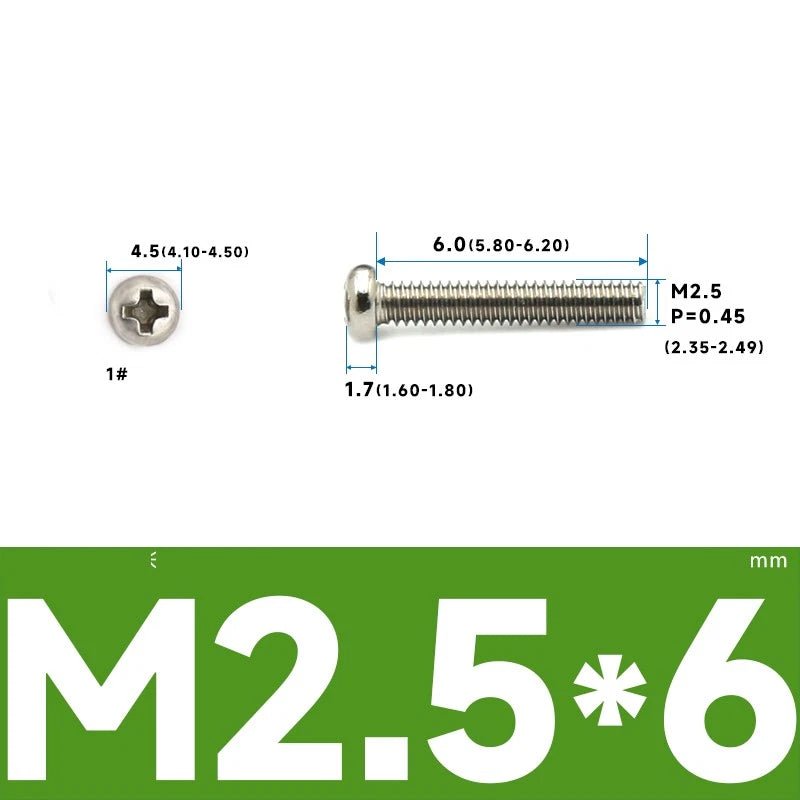 M1–M2.5 Pan Head Phillips Machine Screws – A2 Stainless Steel (304), Fully Threaded - HomeDIYer
