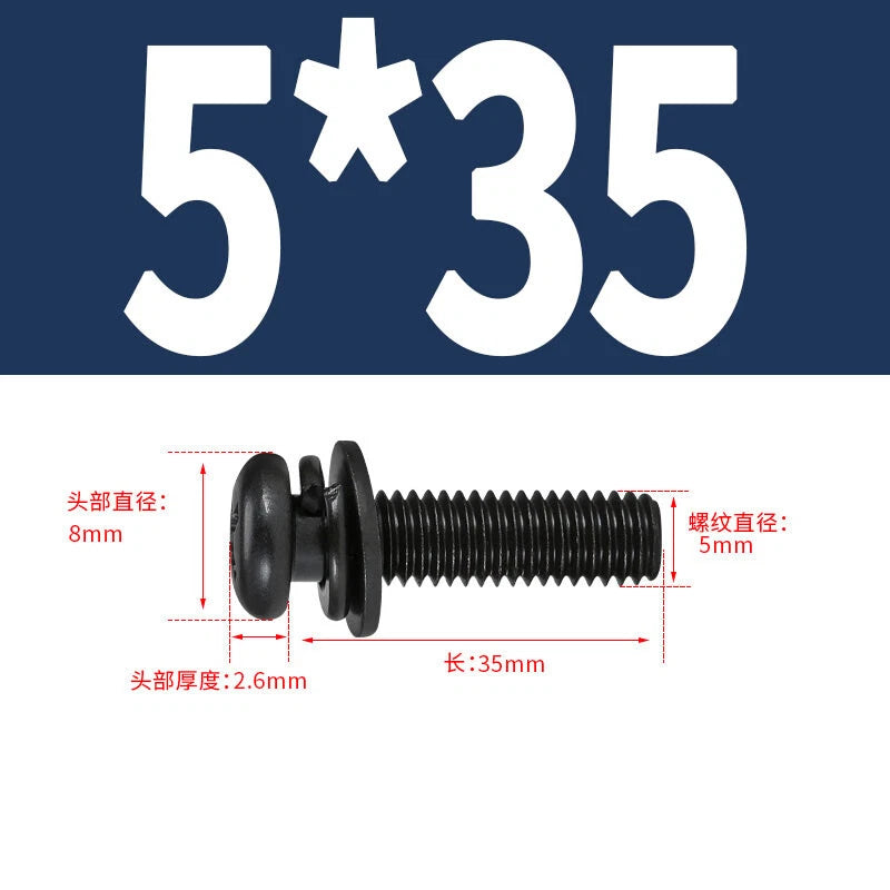 Black Zinc Pan Head Machine Screws with Washers, M2–M6 Pozi Phillips Drive