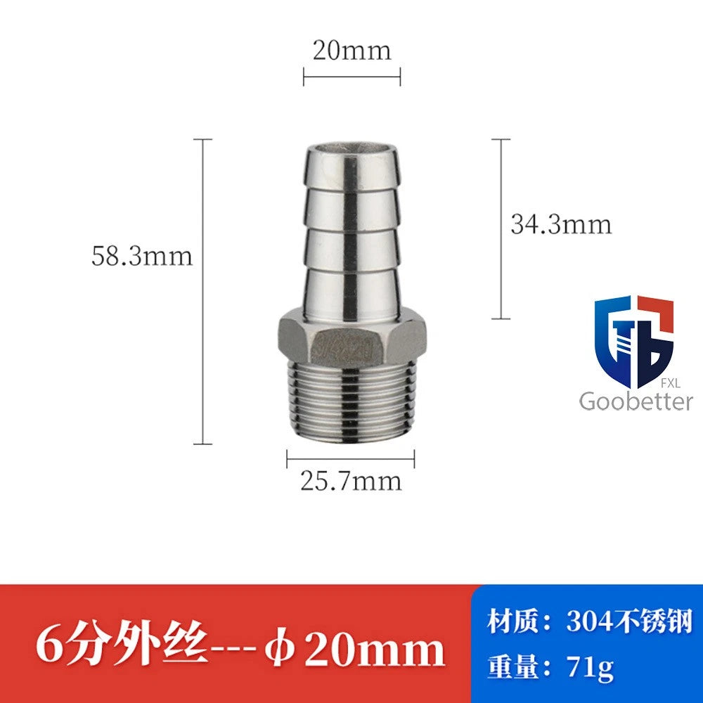 BSP Stainless Steel Male Thread Barb Hose Tail Connector — 1/8" to 2"