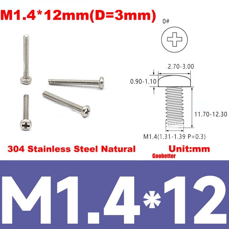 Phillips Pan Head Machine Screws M0.8 M1 M1.2 M1.4 M1.6 M1.7 — Cross Round Head Bolts, Multiple Coatings - HomeDIYer