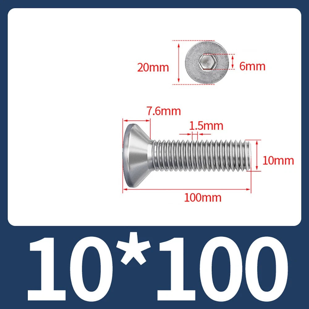 M8 M10 Countersunk Socket Head Screws – 304 Stainless Steel A2, Fully Threaded, 10–150mm