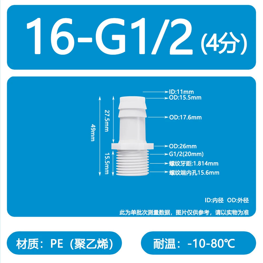 Male Thread Barbed Hose Connector — Plastic Straight Pipe Fitting (BSP, G1/8 to G3/4)