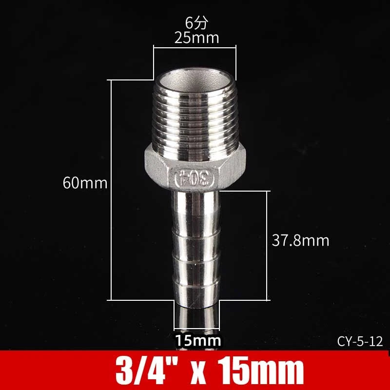 Stainless Steel BSP Male Thread x Barb Hose Tail Connector | 1/8" to 4"