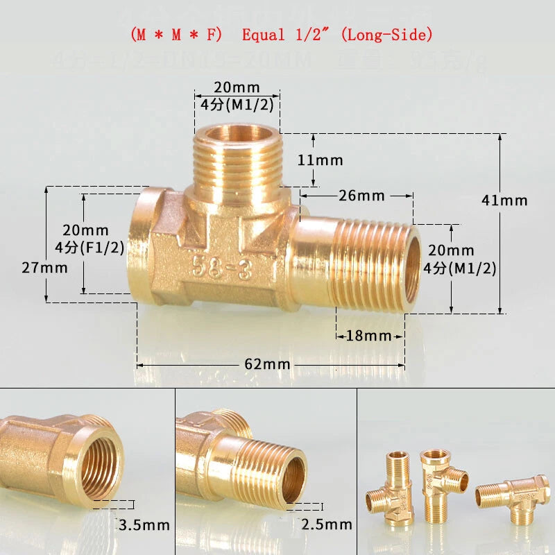 Brass Tee Pipe Fittings – NPT Thread, 1/8" to 2", M/F Configurations