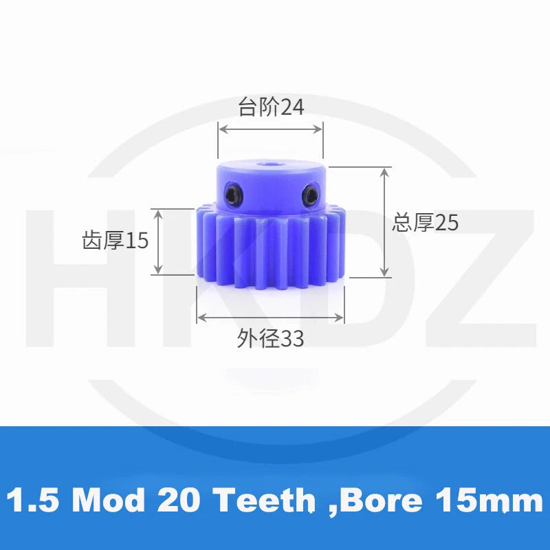 1.5 Mod Blue Nylon Spur Gear 15-60T,Bore 6-12mm Pinion Gear With Step Motor Gear
