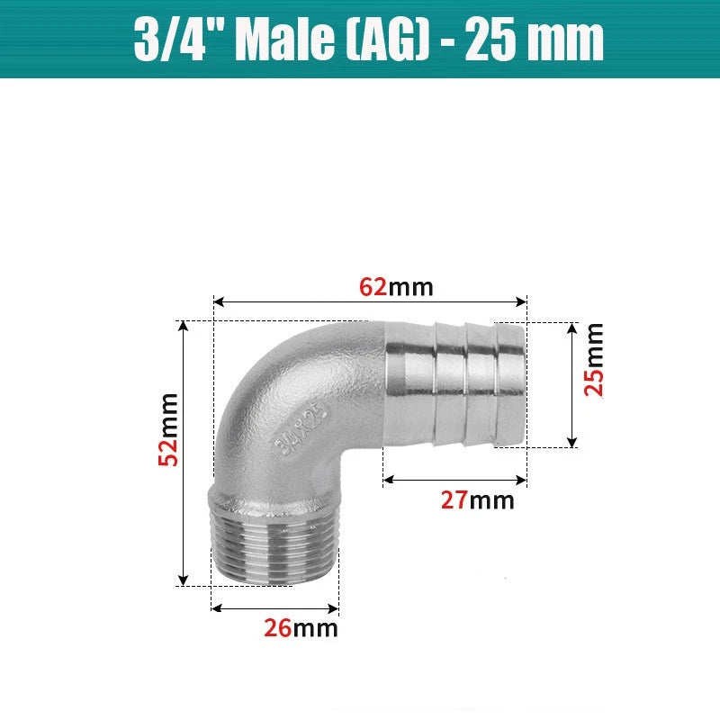BSP Male Elbow Barbed Hose Connector — Stainless Steel, 1/8" to 1/2", 6–16mm