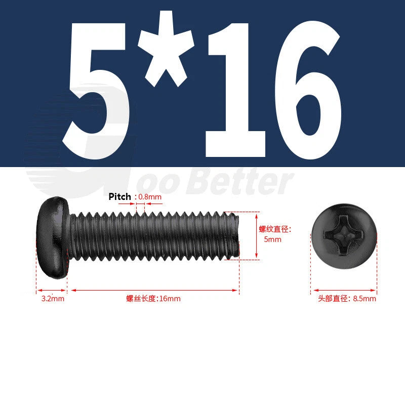 M2 M2.5 M3 M4 M5 Black Zinc Phillips Pan Head Machine Screws – Carbon Steel, 3–20mm