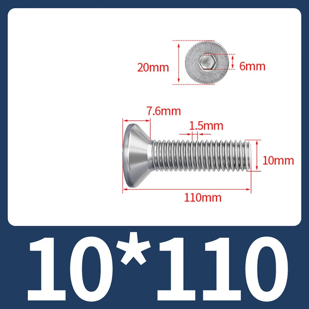M8 M10 Countersunk Socket Head Screws – 304 Stainless Steel A2, Fully Threaded, 10–150mm