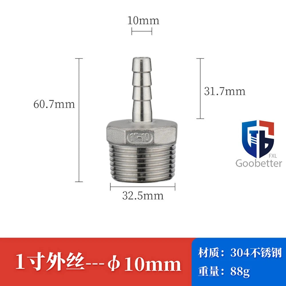 BSP Stainless Steel Male Thread Barb Hose Tail Connector — 1/8" to 2"