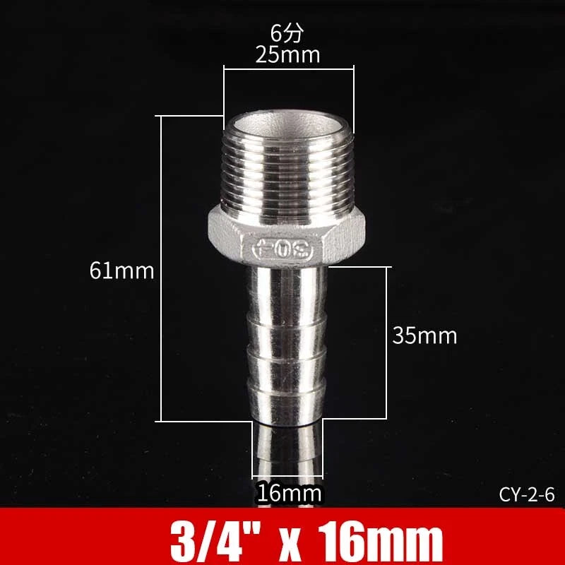 Stainless Steel BSP Male Thread x Barb Hose Tail Connector | 1/8" to 4"