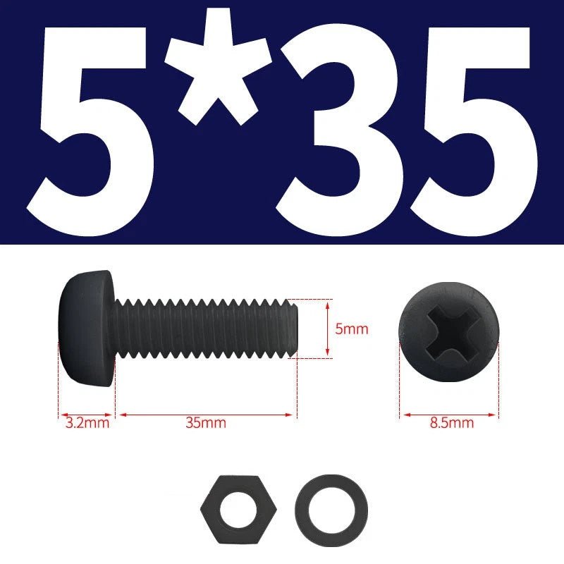 Black Nylon Phillips Machine Screws with Nuts & Washers — Metric M2 to M8 - HomeDIYer