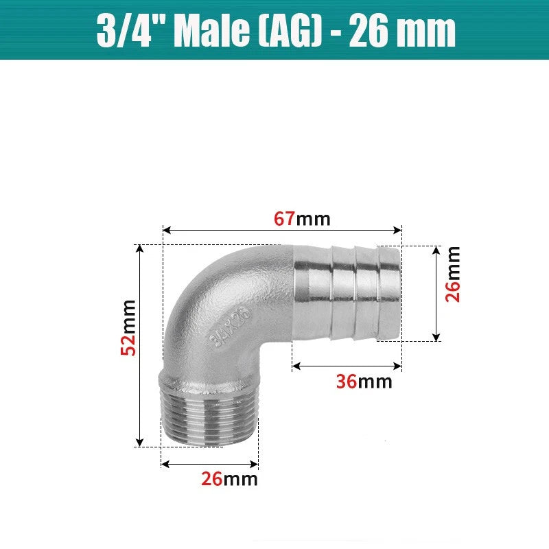 BSP Male Elbow Barbed Hose Connector — Stainless Steel, 1/8" to 1/2", 6–16mm