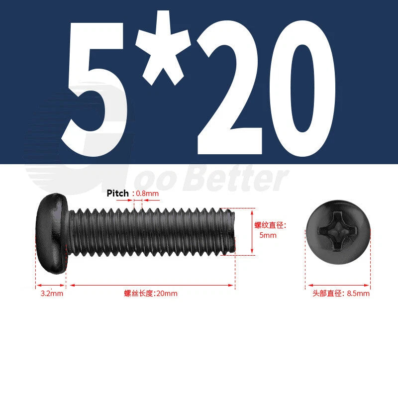 M2 M2.5 M3 M4 M5 Black Zinc Phillips Pan Head Machine Screws – Carbon Steel, 3–20mm