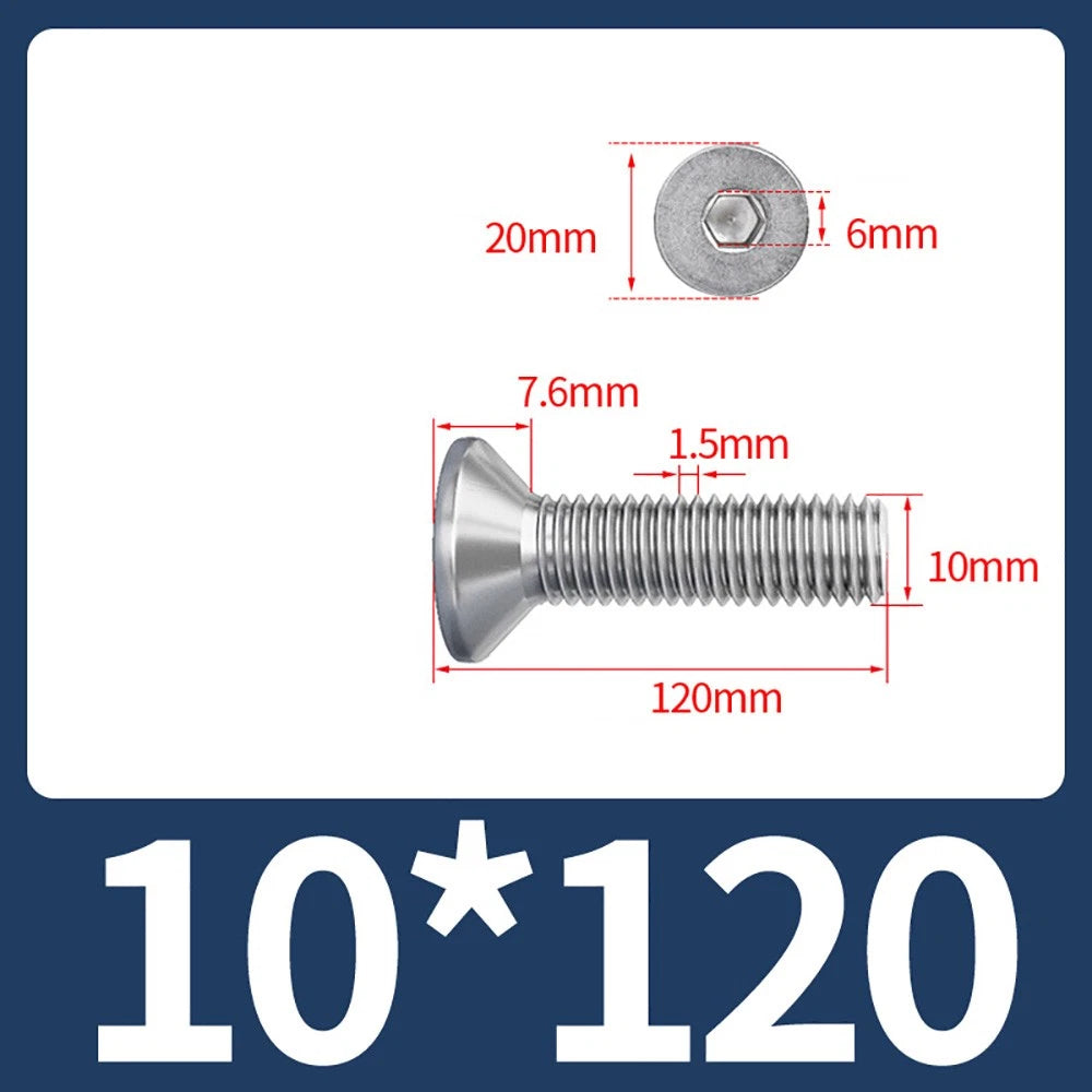 M8 M10 Countersunk Socket Head Screws – 304 Stainless Steel A2, Fully Threaded, 10–150mm