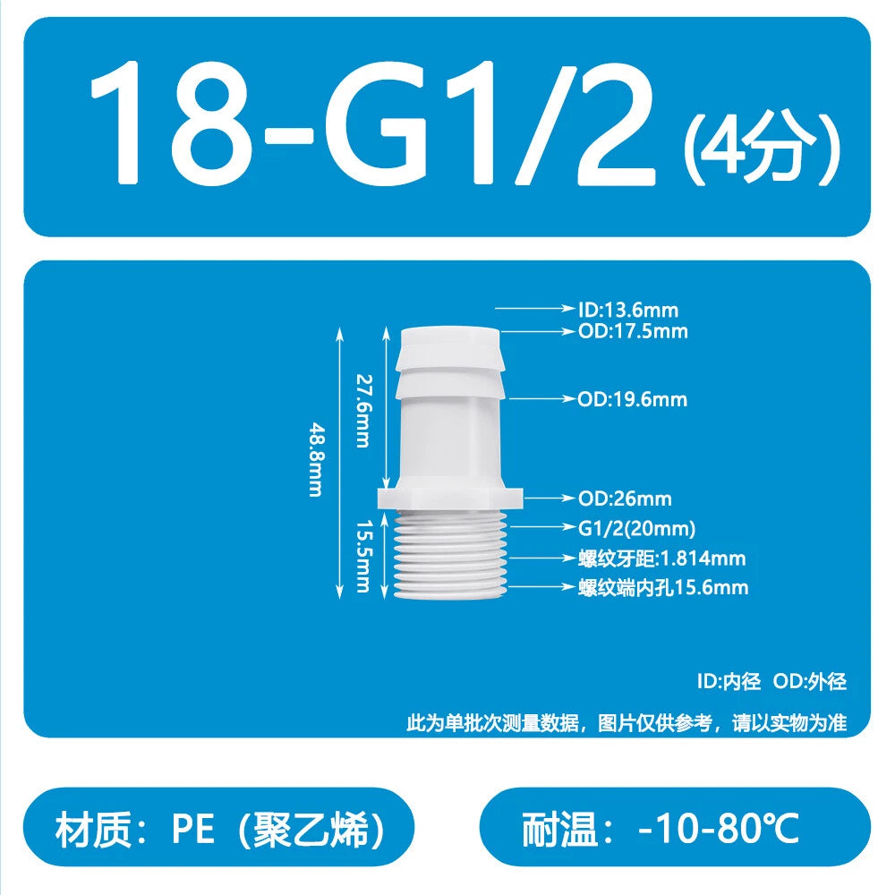 Male Thread Barbed Hose Connector — Plastic Straight Pipe Fitting (BSP, G1/8 to G3/4)