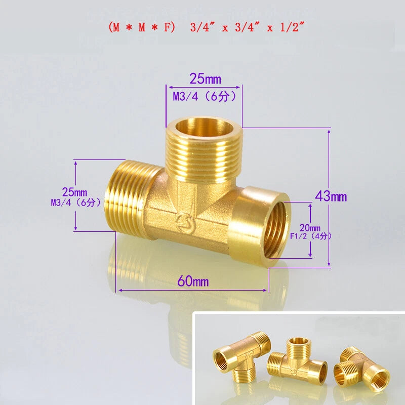 Brass Tee Pipe Fittings – NPT Thread, 1/8" to 2", M/F Configurations