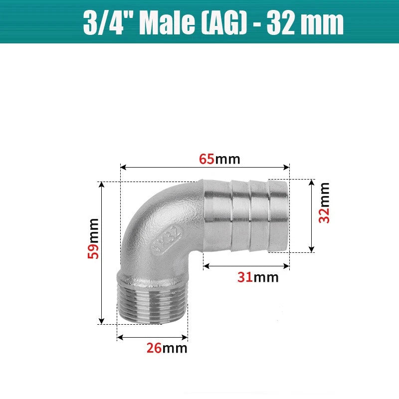 BSP Male Elbow Barbed Hose Connector — Stainless Steel, 1/8" to 1/2", 6–16mm