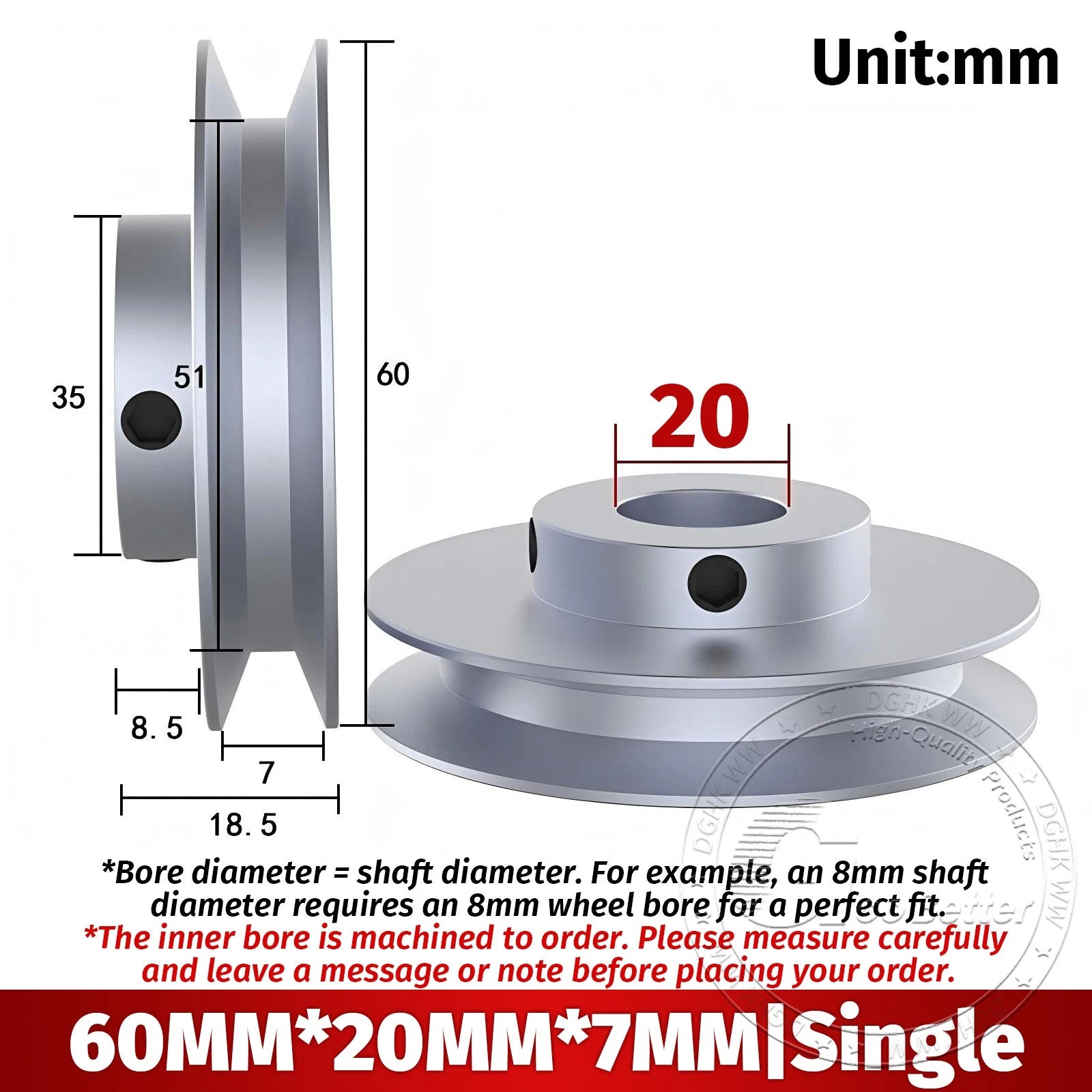 V Grooved Pulley Aluminum Round Belt Pulleys For 7mm Belt Single/Double Grooved