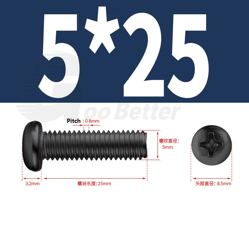 M2 M2.5 M3 M4 M5 Black Zinc Phillips Pan Head Machine Screws – Carbon Steel, 3–20mm