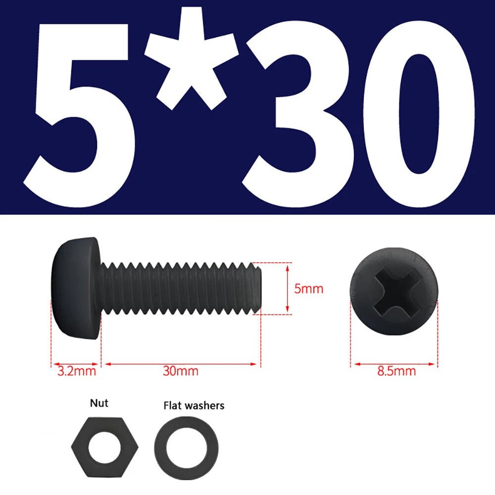 M4 M5 Nylon Phillips Pan Head Machine Screws with Hex Nuts and Flat Washers – White & Black - HomeDIYer