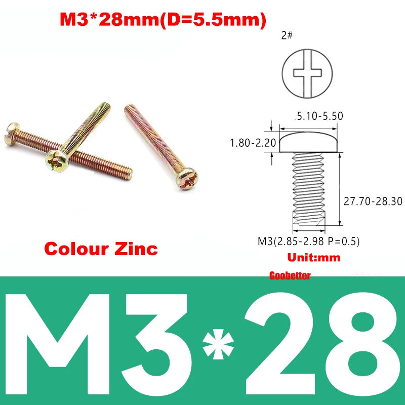 M3 Phillips Pan Head Machine Screws – 3mm to 43mm, Multiple Coatings (100–500 PCS)