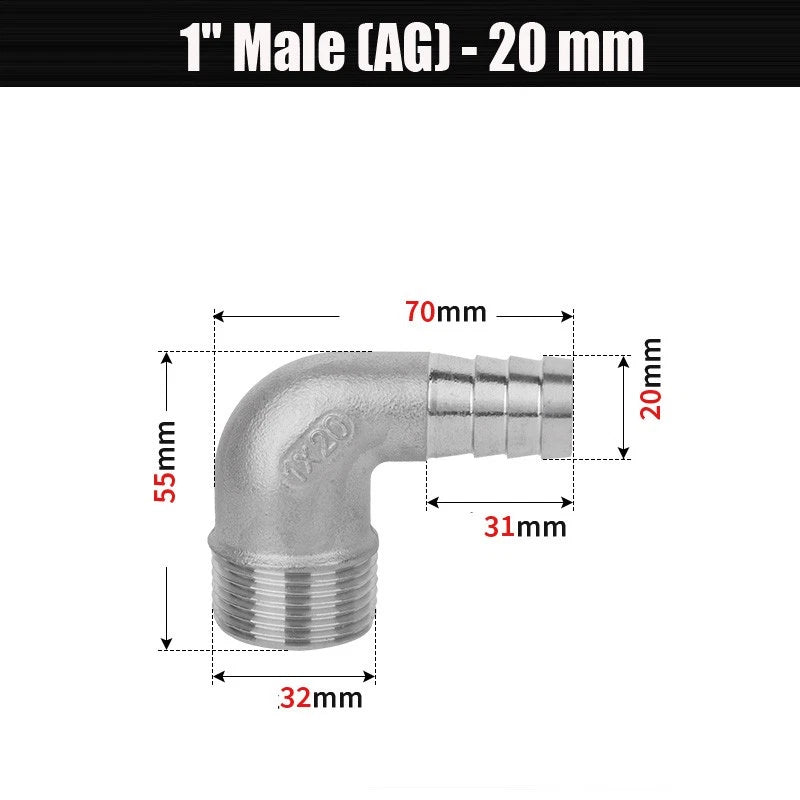 BSP Male Elbow Barbed Hose Connector — Stainless Steel, 1/8" to 1/2", 6–16mm