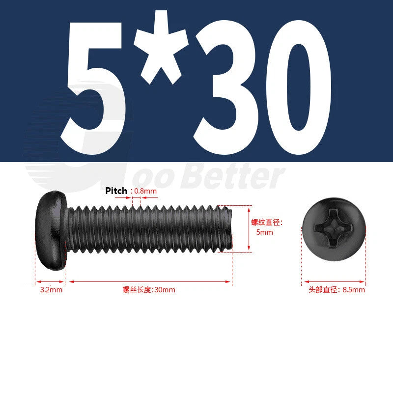 M2 M2.5 M3 M4 M5 Black Zinc Phillips Pan Head Machine Screws – Carbon Steel, 3–20mm