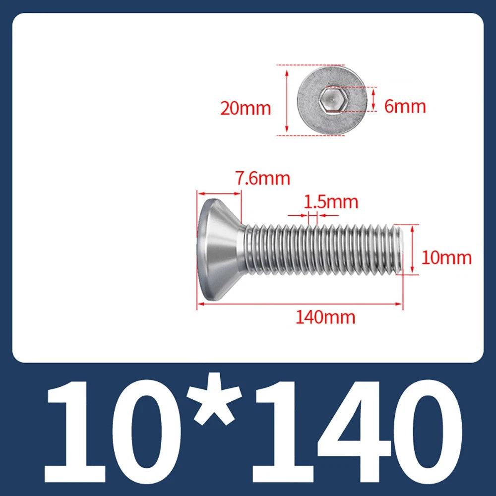 M8 M10 Countersunk Socket Head Screws – 304 Stainless Steel A2, Fully Threaded, 10–150mm